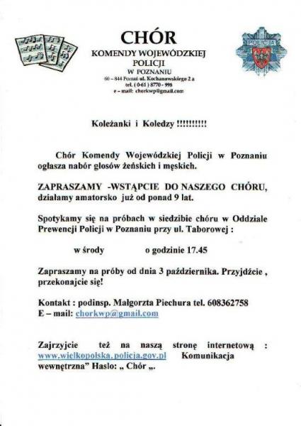 Nabór do Chóru Komendy Wojewódzkiej Policji w Poznaniu